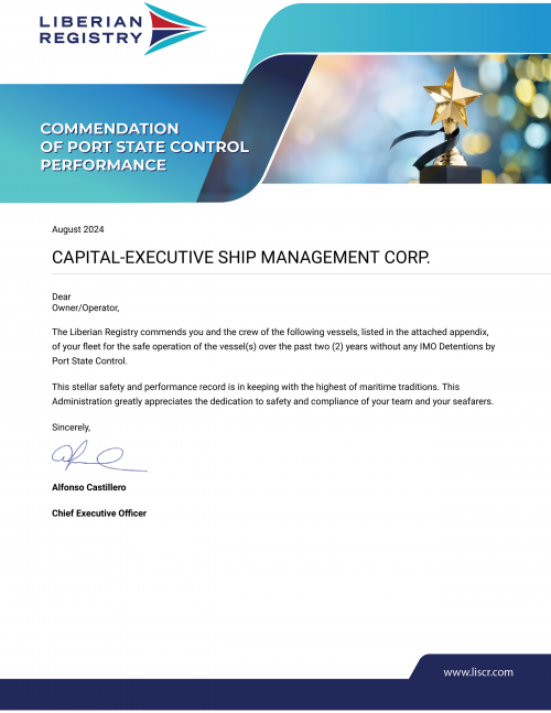 Capital Executive Ship Management Corp. Receives Commendation for Exemplary Fleet Safety and Performance